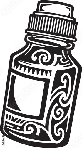 Stylized Medicine Bottle Icon with Intricate Swirls for Medical
