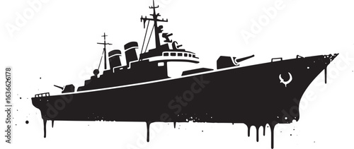 Monochrome silhouette of a naval warship with abstract dripping