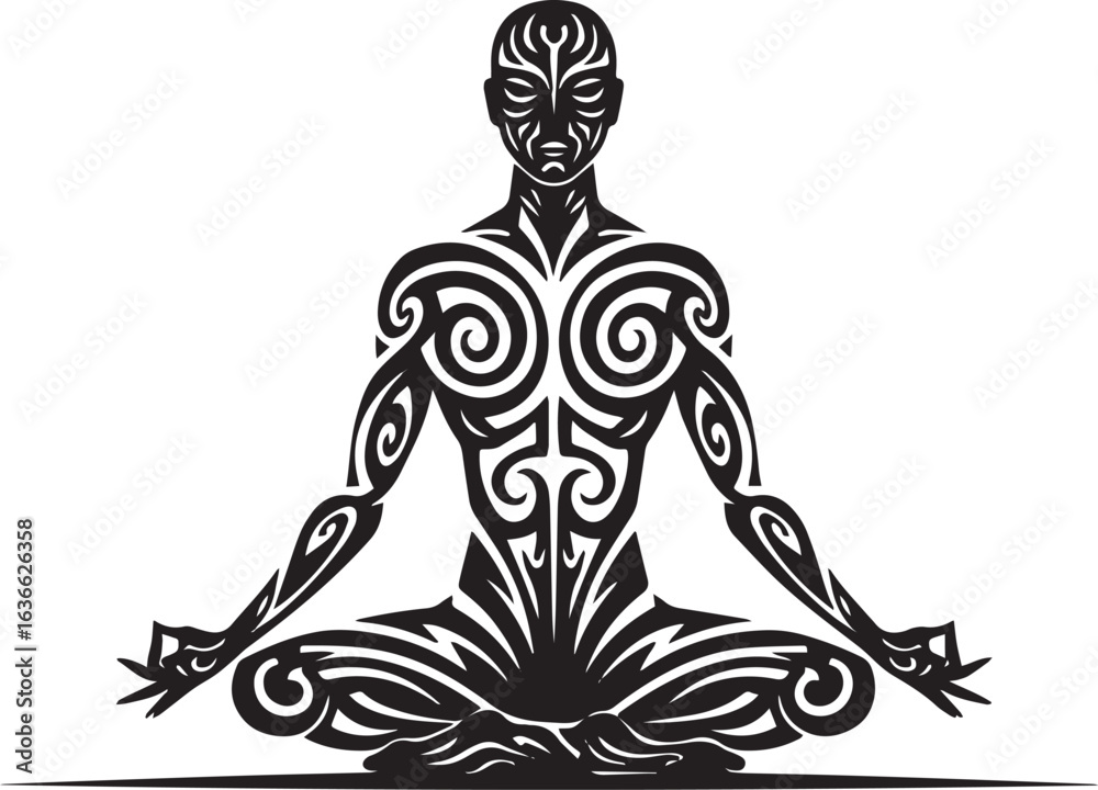 Fototapeta premium Abstract tribal art meditation pose illustration offering calmne