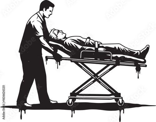 Monochrome illustration depicting a paramedic assisting an injur