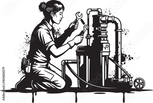 Skilled technician diligently repairs complex machinery in a bla