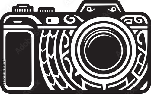Stylized black and white camera illustration with decorative orn