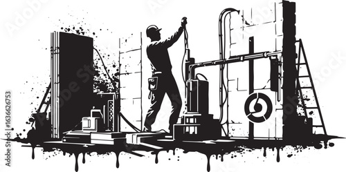 Monochromatic construction scene depicting a worker assembling i