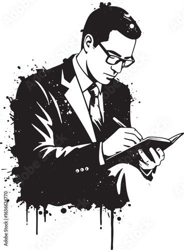 Focused professional taking meticulous notes in a stylized monoc