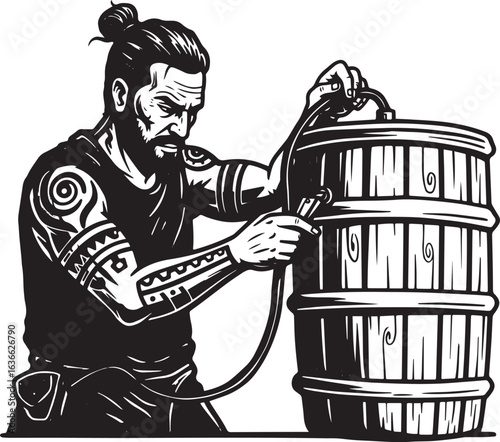 Illustrative craftsman assembling a vintage wooden barrel with p