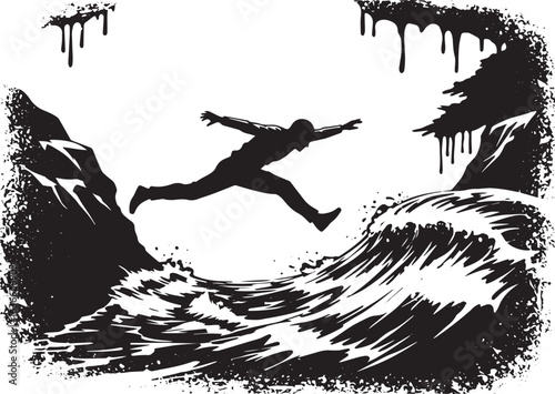 Silhouette of a courageous man diving into the ocean waves with