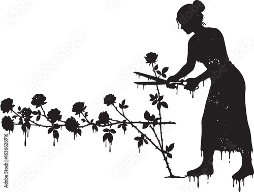 Silhouette art of a woman pruning roses with a dripping effect,