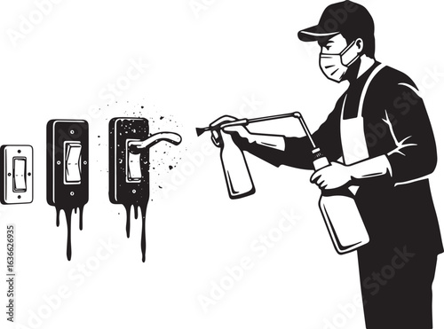 Sanitation worker disinfecting surfaces with sanitizer spray for