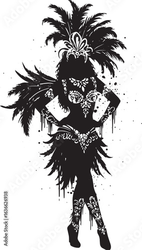 Striking silhouette of a woman in elaborate carnival costume on