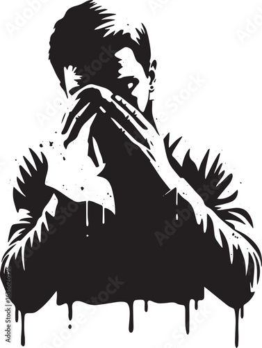 Monochrome depiction of a person wiping their face in expressive