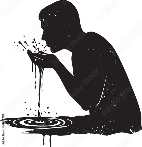 Silhouette of a person drinking water, conveying themes of thirs