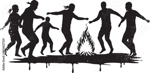 Silhouette figures dancing around bonfire, portraying community