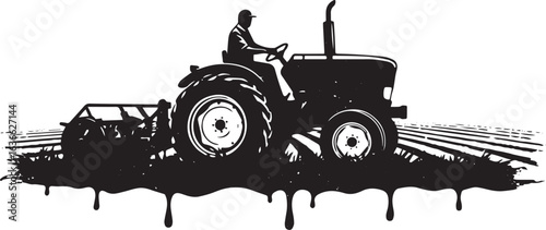 Monochrome artwork showcasing farmer driving tractor tilling fie