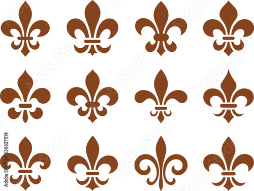 Elegant Pattern of Fleur de Lis Motifs An Antique French Royal Symbol in Various Designs and a Brown Color Palette