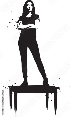 Silhouette of a confident woman standing on a table with a grung