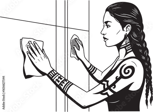 Illustrative depiction of a woman cleaning a surface diligently