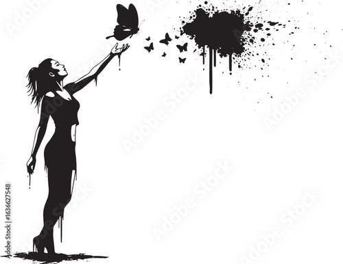 Abstract silhouette art: Woman releasing butterfly transforms in