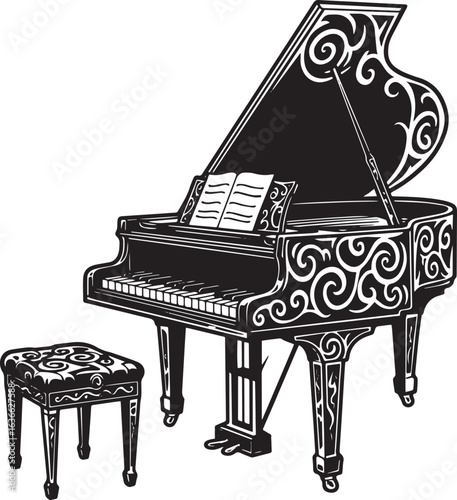 Elegant Grand Piano Illustration with Ornamentation and Matching