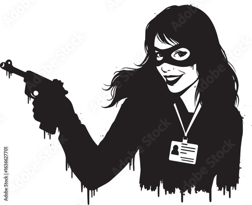 Intriguing black and white vector of a masked woman aiming a wea