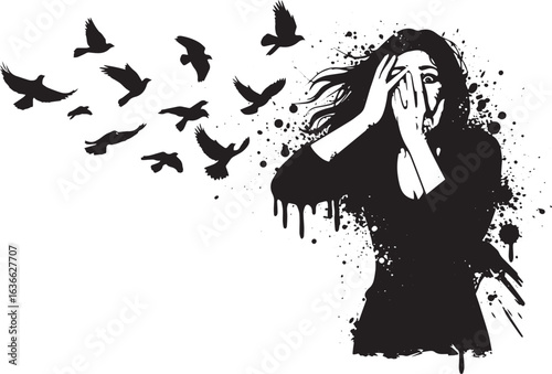 Distressed woman with birds escaping her mind in monochrome arti