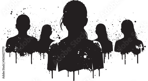 Abstract silhouettes of individuals in a group with grunge textu