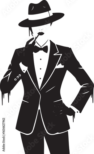 Stylized silhouette of a woman in a suit and hat embodies enigma