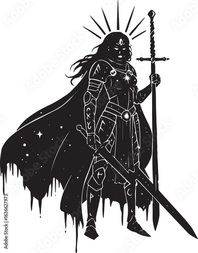 Celestial warrior woman with swords and cosmic cape in minimalis