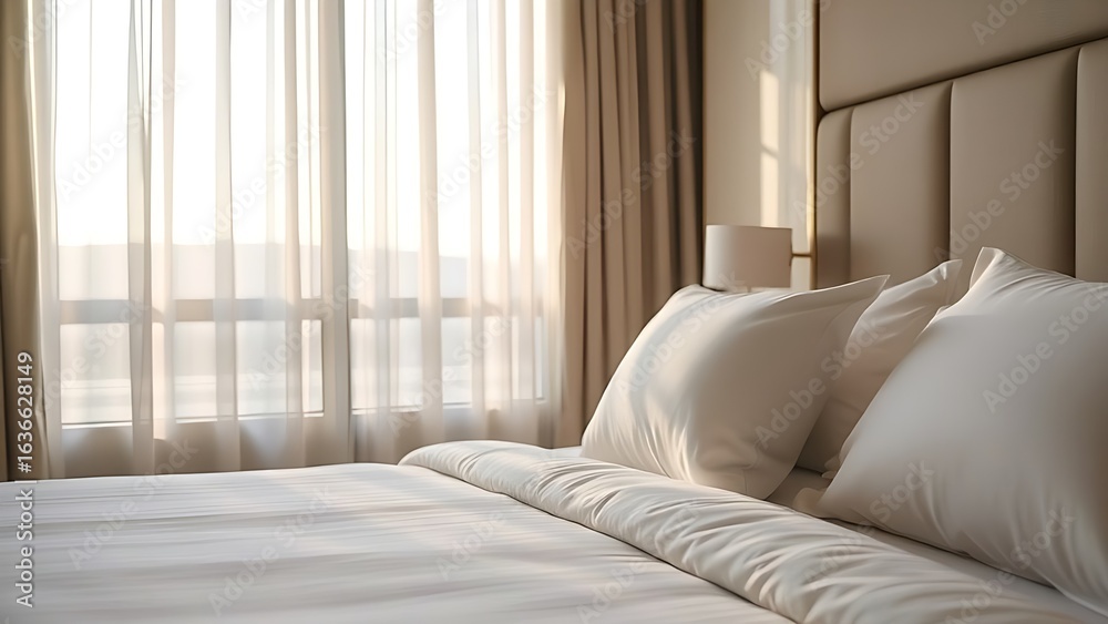 Fototapeta premium Hotel bed with neatly arranged pillows, soft morning light creating a tranquil atmosphere.