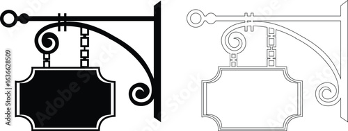 Blank wrought iron set icon often used for businesses like restaurants or hotels. typically designed to be hung from a wall or post and feature a customizable area where information can be displayed