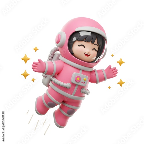 Adorable pink astronaut child with stars floating in space, ideal for children's space education content.