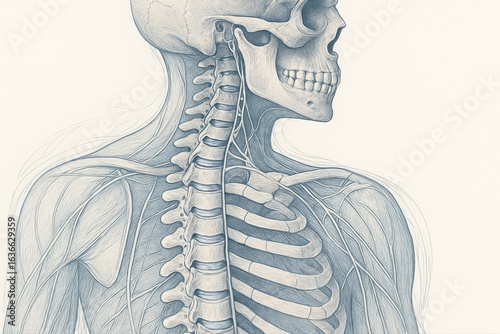 Detailed anatomical illustration of human spine, skull, and nervous system in elegant sketch style