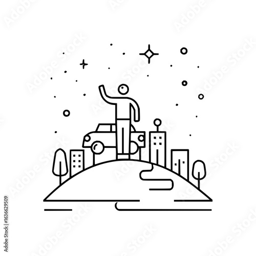 Cityscape adventure concept vector illustration with car and person reaching for the stars and urban buildings