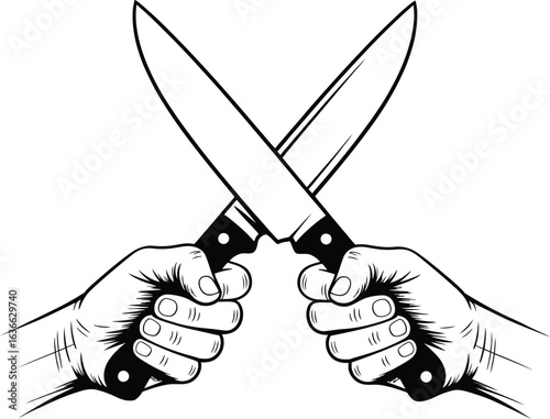 Two hands holding crossed kitchen knives in a bold illustration