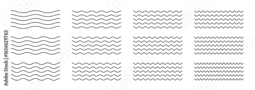 Wavy squiggle and zigzag line set with abstract ripple patterns. Fluid curves, jagged strokes and sine elements create seamless waves for stylish dividers or edgy backgrounds.