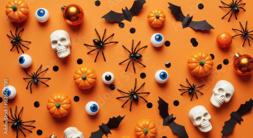 Flat lay of Halloween decorations on an orange background, including black spiders, bats, skulls, pumpkin ornaments
