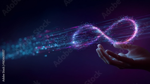 Hand holding a glowing infinity symbol in the dark