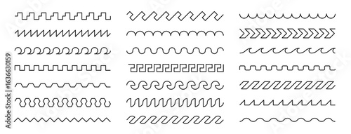Wavy zigzag line set with squiggly strokes, sine curves and serrated patterns. Abstract waveforms and edgy ripples add motion. Perfect for dividers, borders or seamless designs.