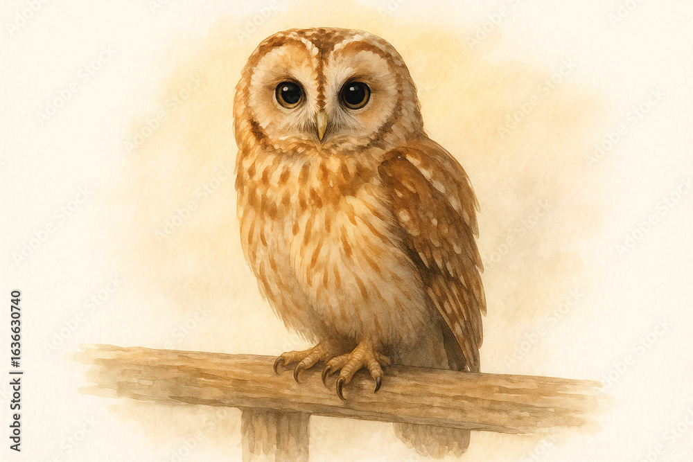Fototapeta premium Charming watercolor illustration of a tawny owl perched on a wooden branch, with large expressive black eyes, soft brown and cream feather patterns, and a warm beige background wash creating a gentle,