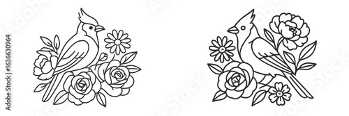Detailed line art showcasing two cardinals perched among vibrant flowers in a harmonious nature setting