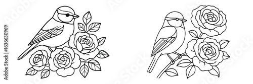 Bird perched among blooming roses in an artistic line drawing style capturing nature's beauty and detail