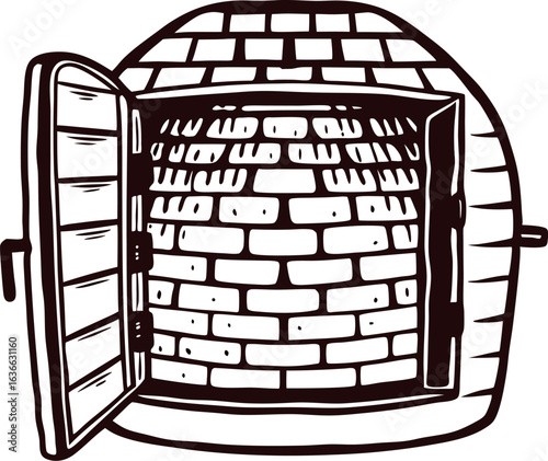 Open dome shaped brick oven with hinged metal door in monochrome hand drawn illustration