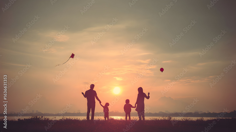 Fototapeta premium Silhouette a happy family enjoying a sunset a kite balloon.