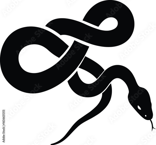 Black and white silhouette of a curled snake with a knotted body, a symbol of infinity, wisdom, and danger, vector illustration.