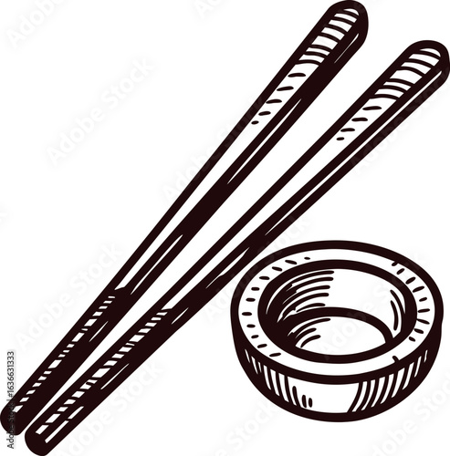 Hand drawn chopsticks with round dipping bowl vintage sketch illustration of asian utensil isolated on white