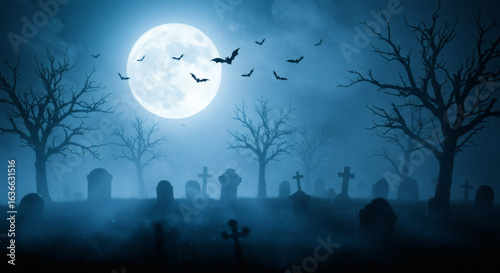 Foggy Halloween night in a graveyard, full moon in the sky, silhouetted tombstones