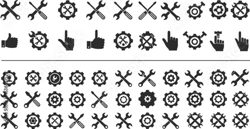 Settings and tools vector icon set, with various repair and configuration symbols like wrenches, gears, and hand gestures for design projects.
