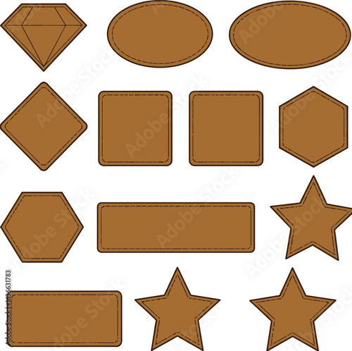 Stitched Brown Leather Badges, Labels, and Patches of Various Shapes, Including Stars and Ovals, with a Detailed Seam Line, Vector Illustration.