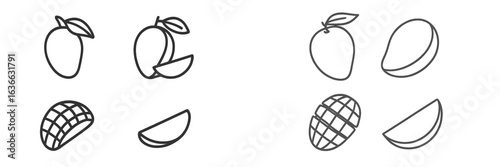 Variety of tropical fruits including mango, pineapple, and citrus slices in a simple line art style