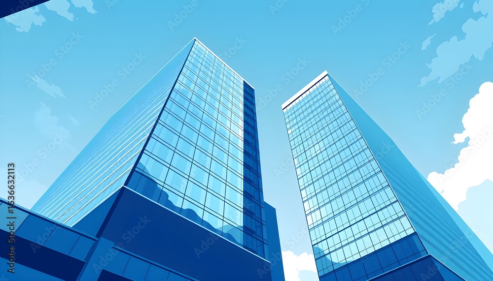 Obraz premium Two modern skyscrapers with glass facades reaching towards a bright blue sky, captured from a low-angle perspective.