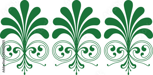 Elegant Green Floral Pattern Featuring Symmetrical Arrangements and Intricate Scrollwork Design Creating a Visually Appealing and Decorative Element for Various Applications